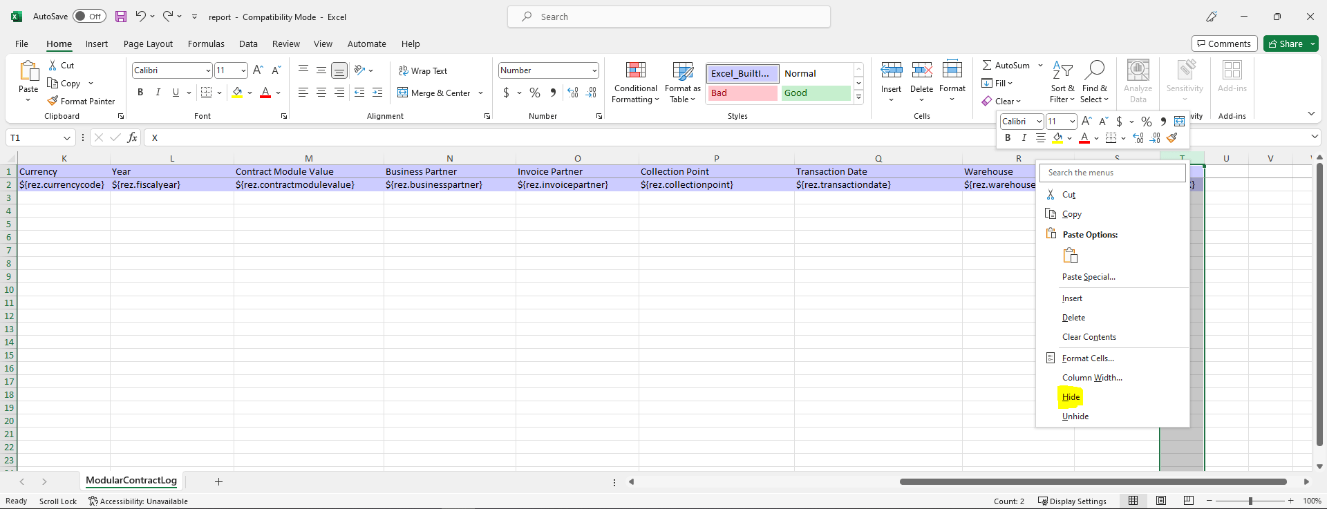 Fig.: Screenshot of the selected column's context menu with option 'Hide' highlighted